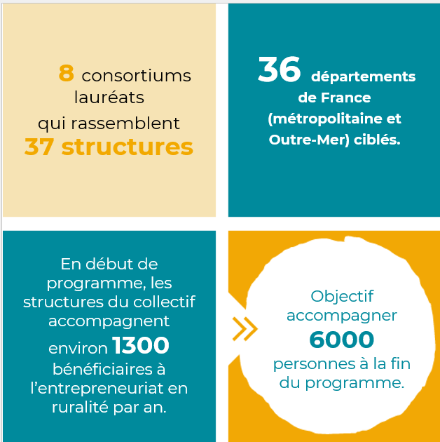 Infographie de la Fondation Entreprendre :
- 8 consortiums lauréats
qui rassemblent 37 structures
- 36 départements de France (métropolitaine et Outre-Mer) ciblés.
- En début de programme, les structures du collectif accompagnent environ 1300 bénéficiaires à l’entrepreneuriat en ruralité par an.
- Objectif accompagner 6000 personnes à la fin du programme.